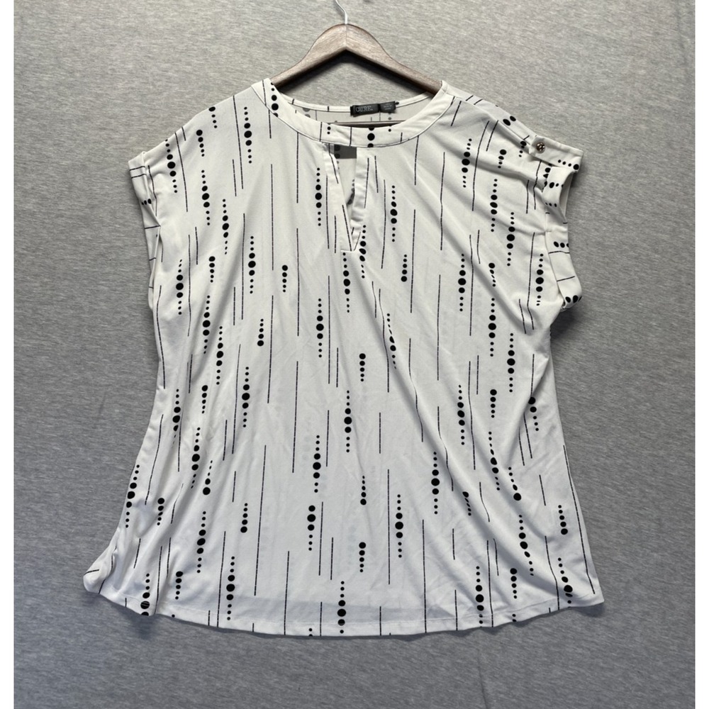 Cure Blouse Top Womens 2XL White Black Abstract Polka Dot Keyhole Round Neck